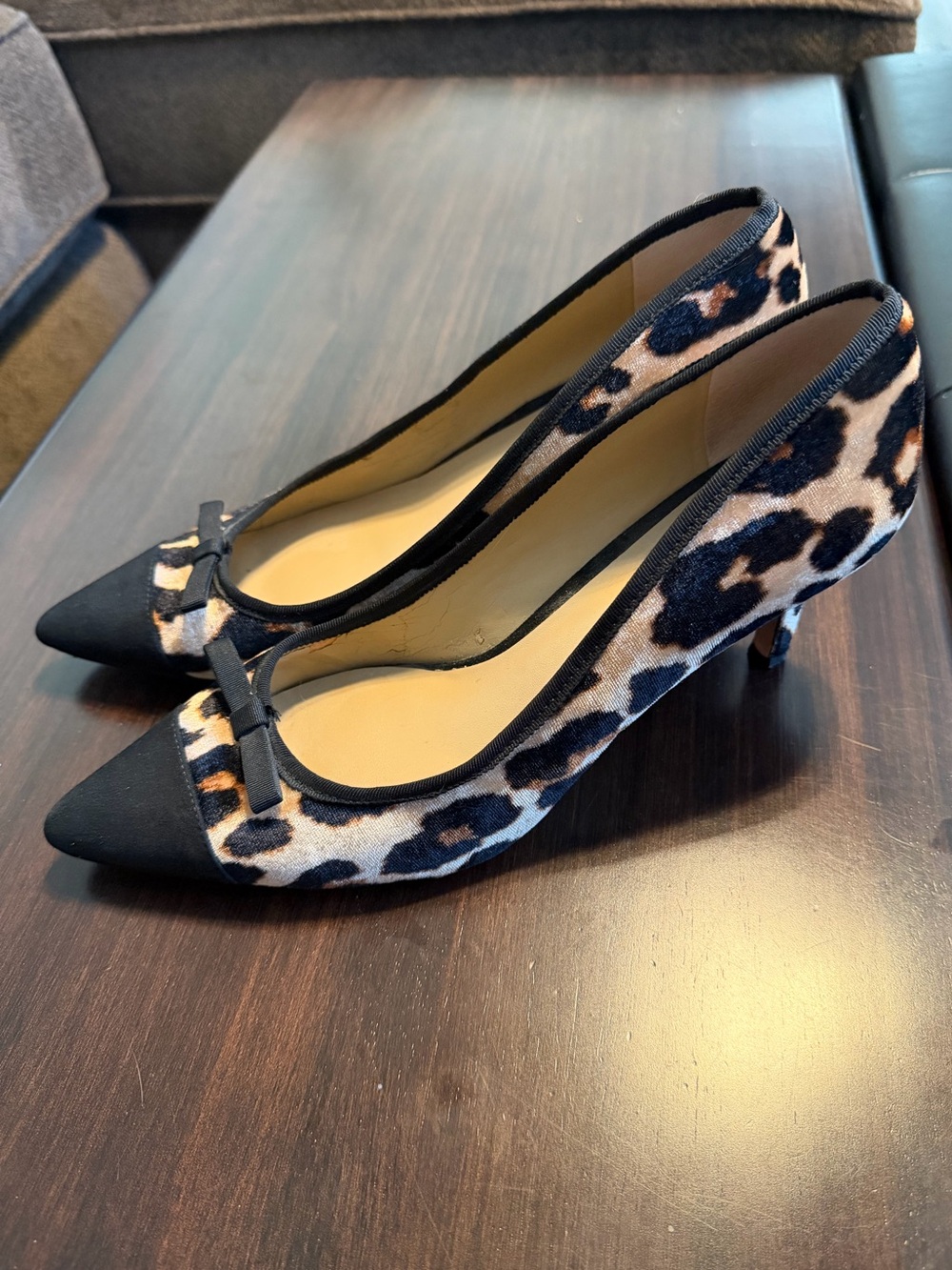 Ann Taylor Leopard Print Pointed Pumps with Black Cap Toe kitten heels